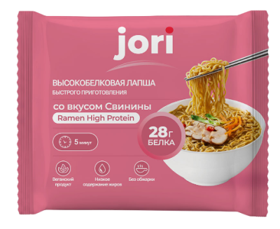 Высокобелковая лапша быстрого приготовления со вкусом Свинины, jori Ramen High Protein 62гр