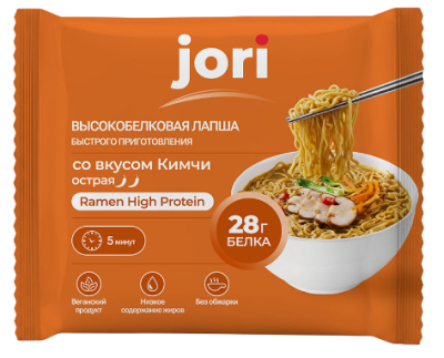 Высокобелковая лапша быстрого приготовления со вкусом Кимчи острая, jori Ramen High Protein 62гр