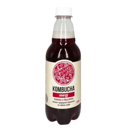 Напиток безалкогольный натурального брожения на чайном грибе c соком ягод клюквы, брусники и свежей мяты" KOMBUCHA-ENERGY" 0,555 л. РФ