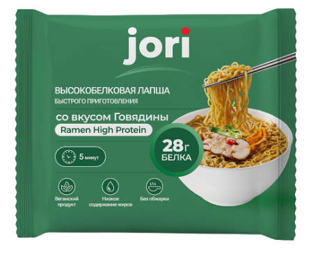 Высокобелковая лапша быстрого приготовления со вкусом говядины, jori Ramen High Protein  62гр